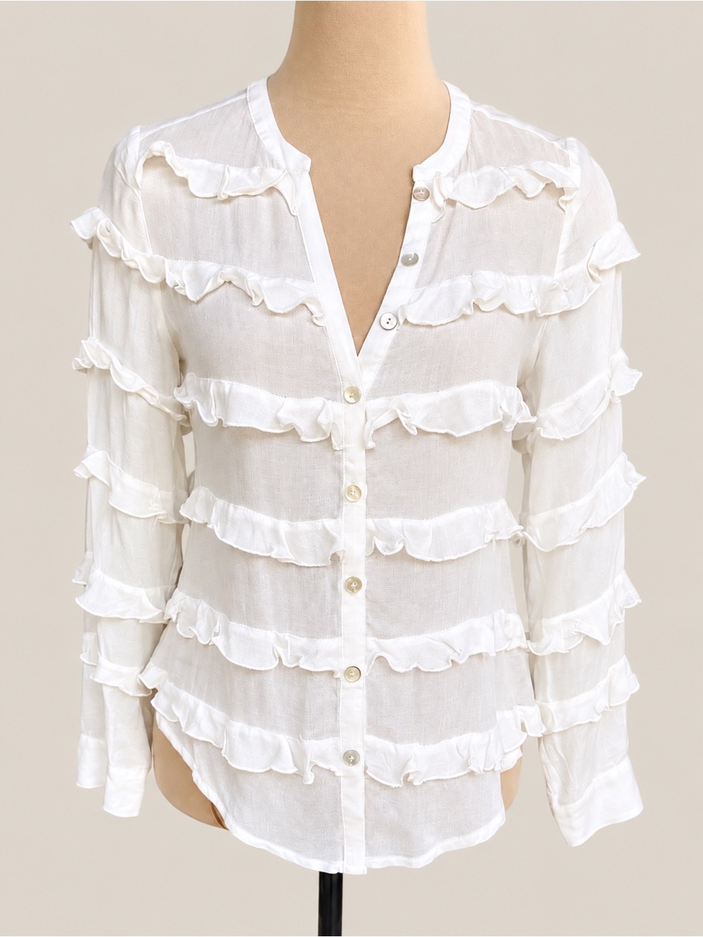 Chaser XS White Sheer Ruffle Button Front Boho Blouse Top